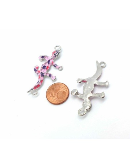 1 connecteur breloque salamandre, gecko, lézard, pendentif en métal argenté émaillé de couleur rose pâle, violet et rose vif 
