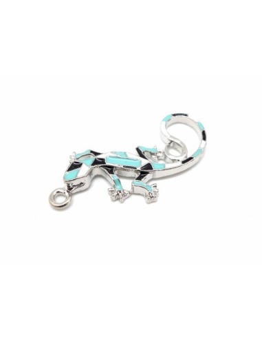 1 Breloque salamandre, gecko, lézard, pendentif en métal argenté émaillé de couleur bleu turquoise, noir et blanc 