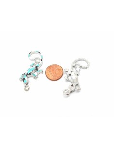 1 Breloque salamandre, gecko, lézard, pendentif en métal argenté émaillé de couleur bleu turquoise, noir et blanc  2