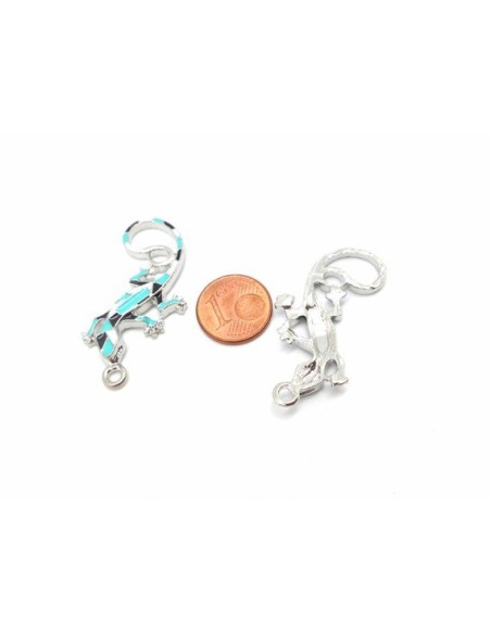 1 Breloque salamandre, gecko, lézard, pendentif en métal argenté émaillé de couleur bleu turquoise, noir et blanc 