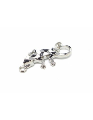 1 Breloque salamandre, gecko, lézard, pendentif en métal argenté émaillé de couleur noir, gris et blanc 