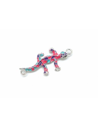 1 connecteur breloque salamandre, pendentif en métal argenté émaillé de couleur rose fuchsia, bleu turquoise et violet 