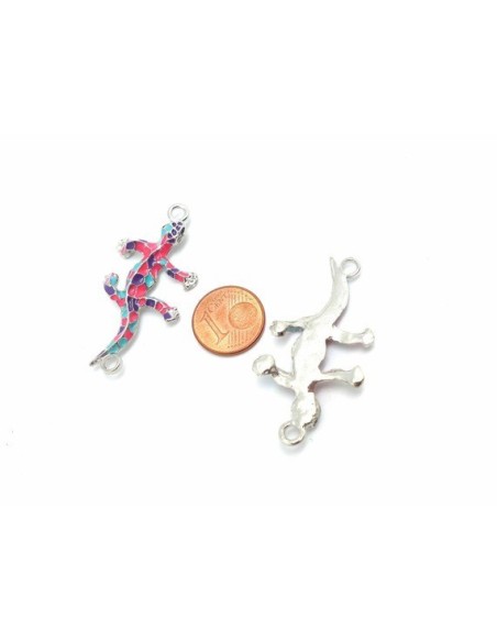 1 connecteur breloque salamandre, pendentif en métal argenté émaillé de couleur rose fuchsia, bleu turquoise et violet 