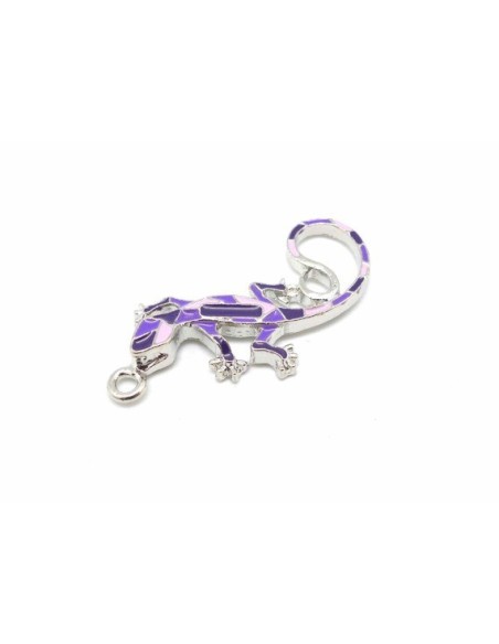 1 Breloque salamandre, gecko, lézard, pendentif en métal argenté émaillé de couleur parme, violet et rose pâle 