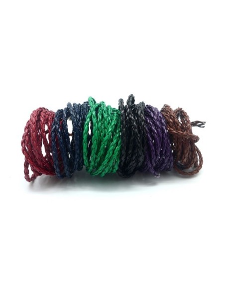 Cordon rond tressé 3mm en cuir synthétique de couleur noir, bleu marine, bordeaux, vert, marron et violet