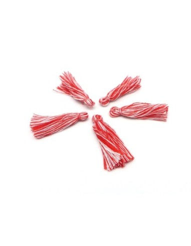 Lot de 5 Pompons, breloques en fil polyester 3cm bicolore rouge et blanc