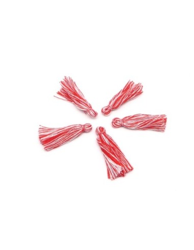 Lot de 5 Pompons, breloques en fil polyester 3cm bicolore rouge et blanc
