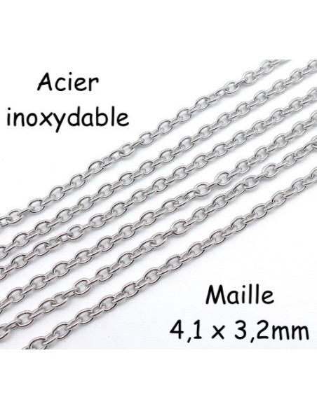 1m de chaînette maille forçat en acier inoxydable maillon 4,1mm x 3,2mm de couleur argent