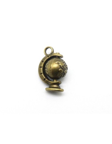 2 Breloques, pendentifs globe mappemonde mobile en métal de couleur bronze travaillé 18mm x 12mm 