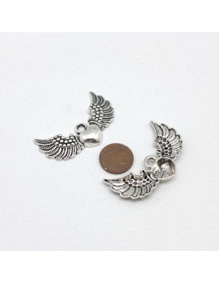 2 Breloques, pendentifs aile d'ange en métal argenté 44,7mm x 25,4mm
