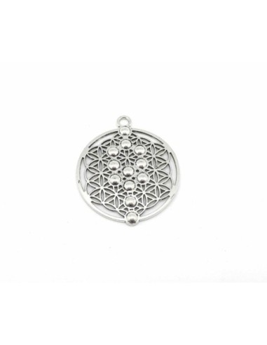 Pendentif rond 49mm en métal argenté ajouré 2 faces différents possibilité insertion strass