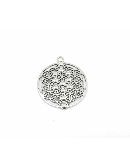 Pendentif rond 49mm en métal argenté ajouré 2 faces différents possibilité insertion strass