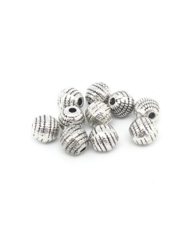 15 Perles ronde 7mm en métal argenté travaillé, style ethnique