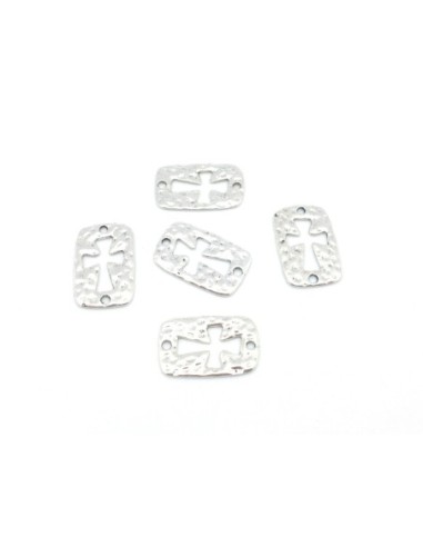 10 Connecteurs rectangle croix en métal argenté martelé 22,7mm x 14,5mm