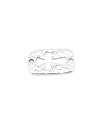 10 Connecteurs rectangle croix en métal argenté martelé 22,7mm x 14,5mm