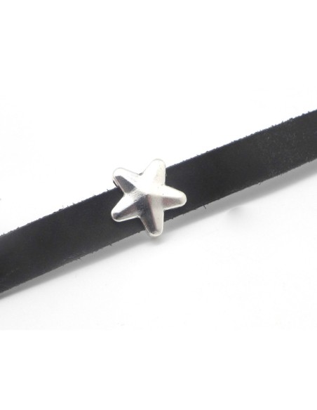 5 Perles passant étoile en métal argenté biseauté pour lanière de 10mm