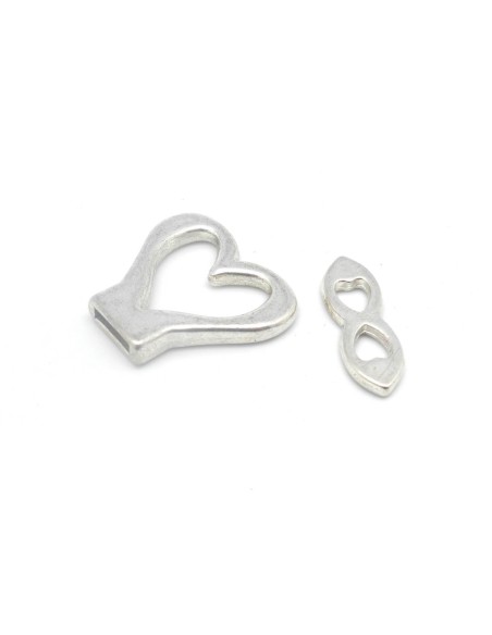 Fermoir toggle coeur pour lanière de 4mm en métal argenté