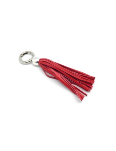 KIT bijoux de sac porte clé pompon simili cuir frange 10cm de couleur rouge vermillon vif et métal argenté