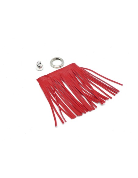 KIT bijoux de sac porte clé pompon simili cuir frange 10cm de couleur rouge vermillon vif et métal argenté