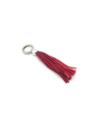 KIT bijoux de sac porte clé pompon simili cuir frange 10cm de couleur rouge vermillon vif et métal argenté