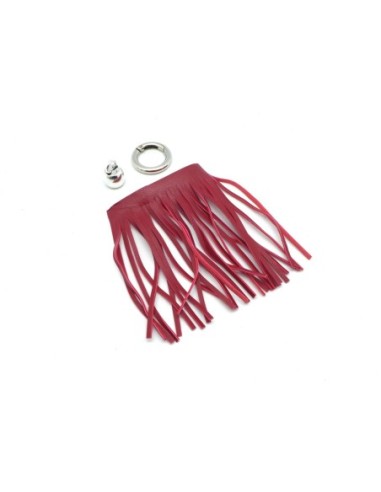 KIT bijoux de sac porte clé pompon simili cuir frange 10cm de couleur rouge vermillon vif et métal argenté