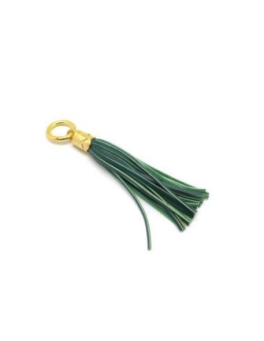 KIT bijoux de sac porte clé pompon simili cuir frange 10cm de couleur vert bouteille vert olive et métal doré