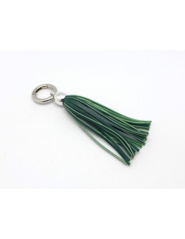 KIT bijoux de sac porte clé pompon simili cuir frange 10cm de couleur vert bouteille vert olive et métal argenté