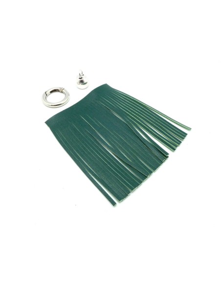 KIT bijoux de sac porte clé pompon simili cuir frange 10cm de couleur vert bouteille vert olive et métal argenté