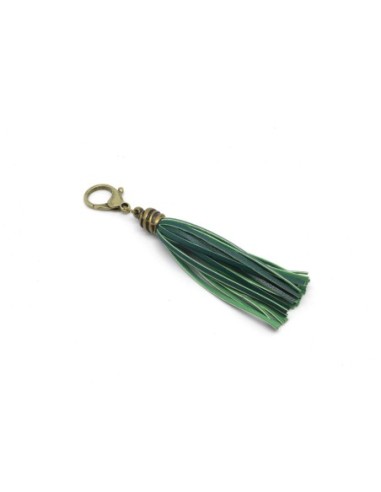 KIT bijoux de sac porte clé pompon simili cuir frange 10cm de couleur vert bouteille vert olive et métal de couleur bronze