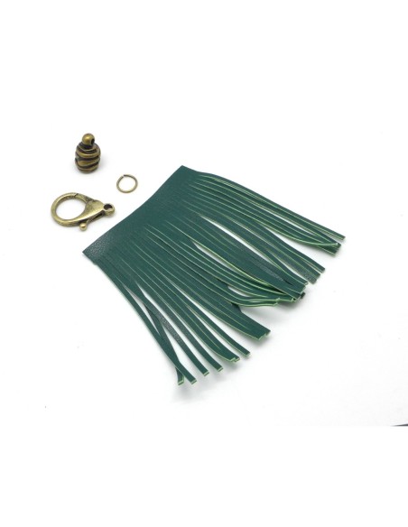 KIT bijoux de sac porte clé pompon simili cuir frange 10cm de couleur vert bouteille vert olive et métal de couleur bronze