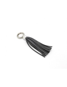 KIT bijoux de sac porte clé pompon simili cuir frange 10cm de couleur gris et métal argenté