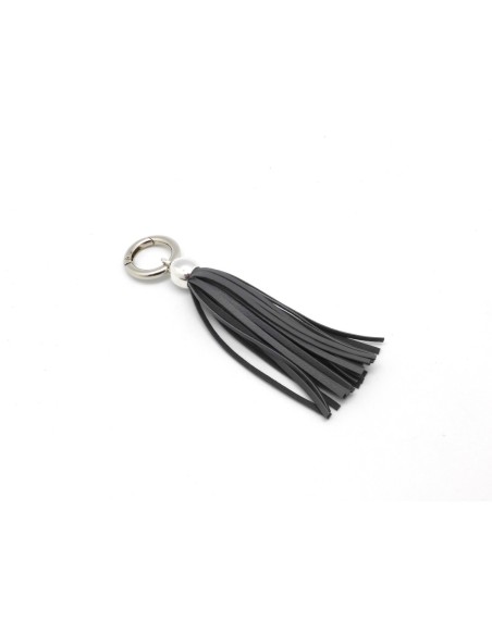 KIT bijoux de sac porte clé pompon simili cuir frange 10cm de couleur gris et métal argenté