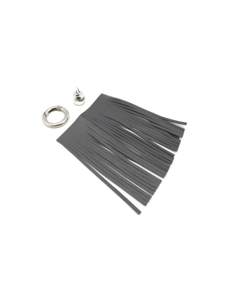 KIT bijoux de sac porte clé pompon simili cuir frange 10cm de couleur gris et métal argenté