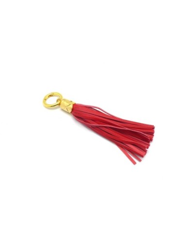 KIT bijoux de sac porte clé pompon simili cuir frange 10cm de couleur rouge vermillon vif et métal doré