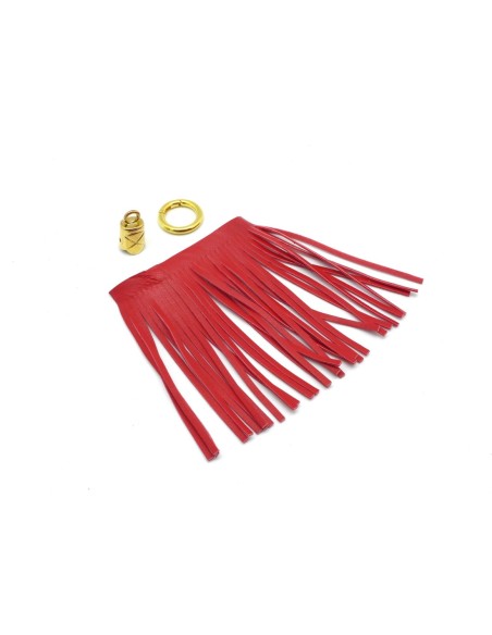 KIT bijoux de sac porte clé pompon simili cuir frange 10cm de couleur rouge vermillon vif et métal doré