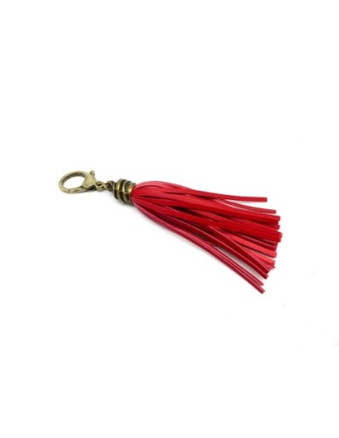 KIT bijoux de sac porte clé pompon simili cuir frange 10cm de couleur rouge vermillon vif et métal de couleur bronze