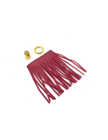 KIT bijoux de sac porte clé pompon simili cuir frange 10cm de couleur rouge marsala bordeaux et métal doré
