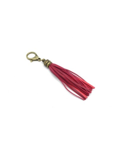 KIT bijoux de sac porte clé pompon simili cuir frange 10cm de couleur rouge marsala bordeaux et métal de couleur bronze