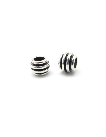10 Perles ronde strié en métal argenté gros trou 5,2mm 