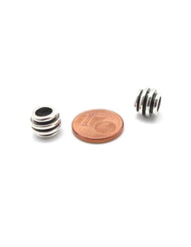 10 Perles ronde strié en métal argenté gros trou 5,2mm 