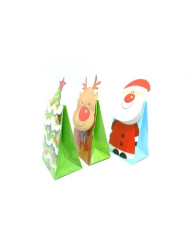 pochette cadeau motif Père Noël, sapin et cerf 19 x 8,5cm en papier glacé de couleur rouge, vert et bleu