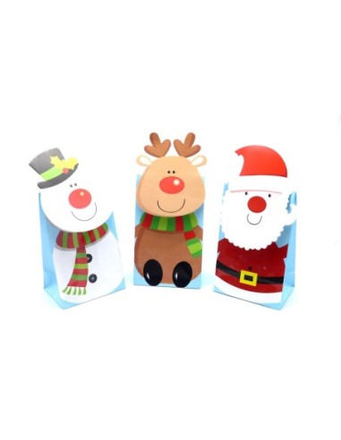 pochette cadeau motif Père Noël, cerf, renne et bonhomme de neige
