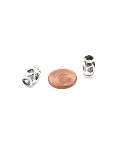 10 Perles tube tonneau en métal argenté ajouré style ethnique à gros trou 4,9mm