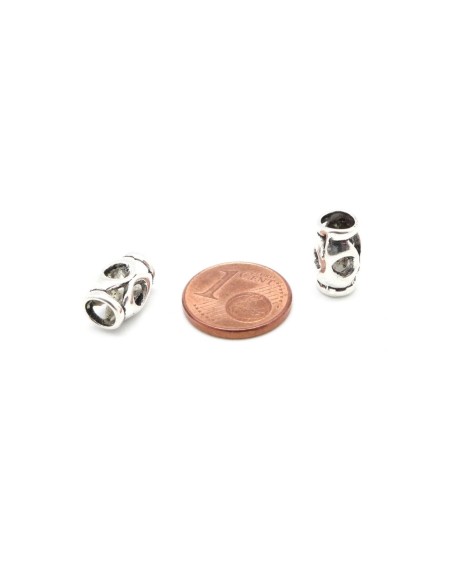 10 Perles tube tonneau en métal argenté ajouré style ethnique à gros trou 4,9mm