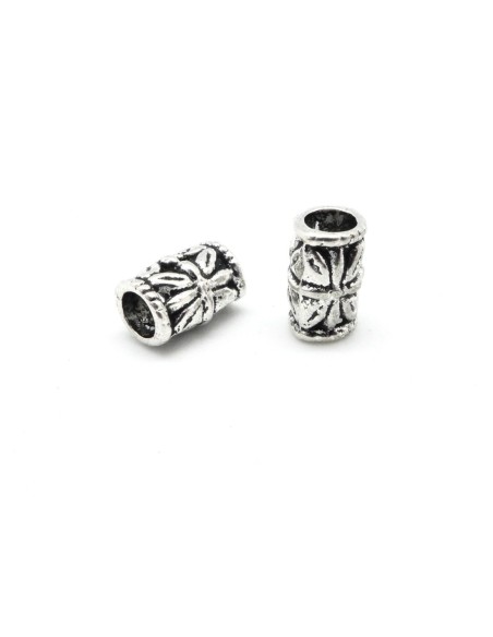 20 Perles tube tonneau en métal argenté gravé ajouré 9mm x 6mm style ethnique 