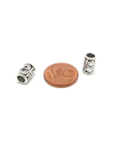 20 Perles tube tonneau en métal argenté gravé ajouré 9mm x 6mm style ethnique 