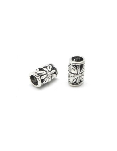 20 Perles tube tonneau en métal argenté gravé ajouré 9mm x 6mm style ethnique 
