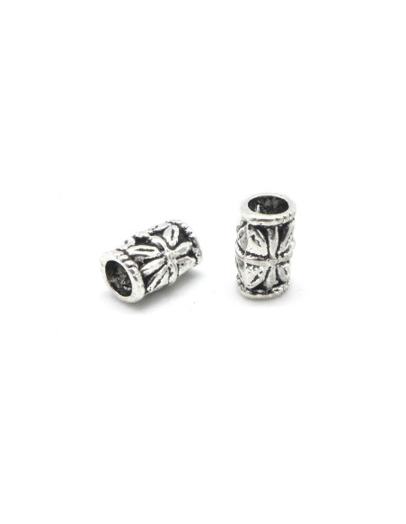 20 Perles tube tonneau en métal argenté gravé ajouré 9mm x 6mm style ethnique 