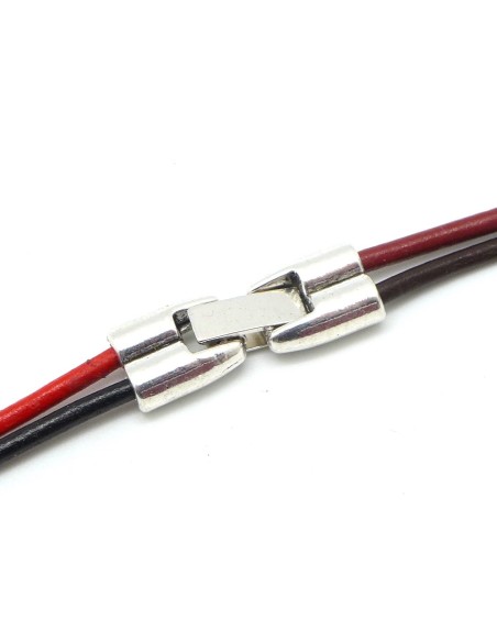 Fermoir à clip à embouts double pour 2 cordons de 2,5mm en métal argenté