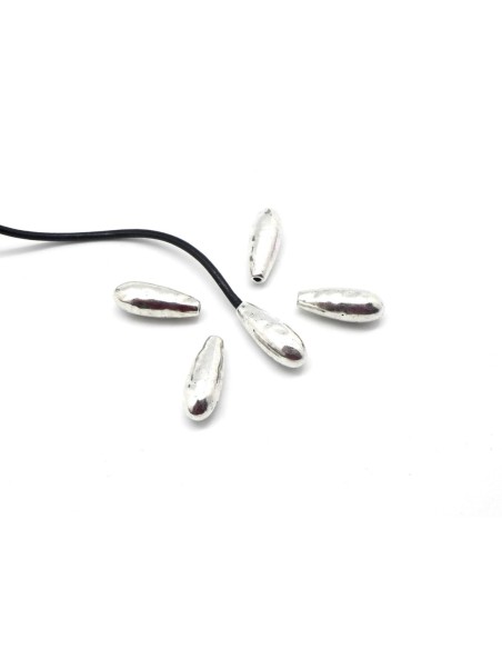 3 Grandes Perles embout de finition grain de riz martelé, goutte pour cordon de 1,5mm en métal argenté martelé